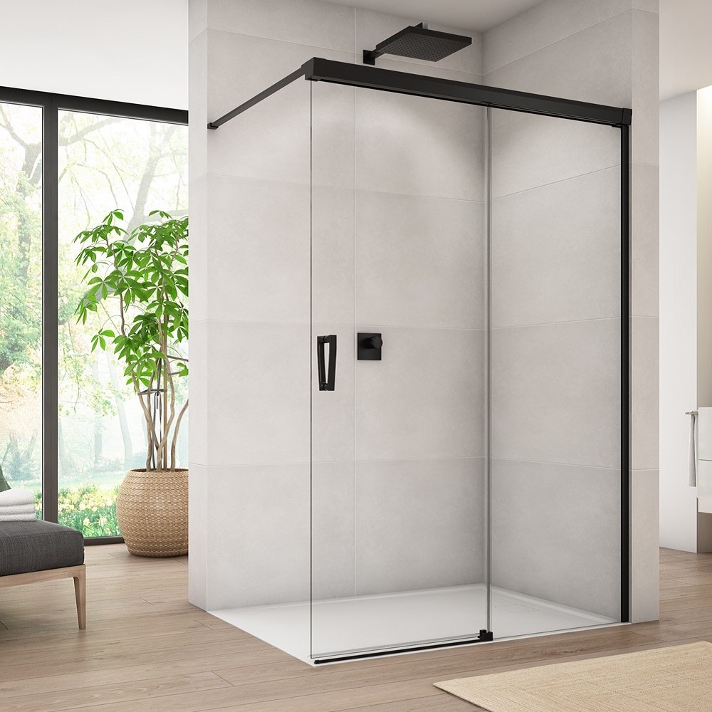 SANSWISS CADURA Walk-In sprchová stena 110 upevnenie vpravo, s posuvnými dverami, matná čierna, číre sklo s AquaPerle CAW2D1200607