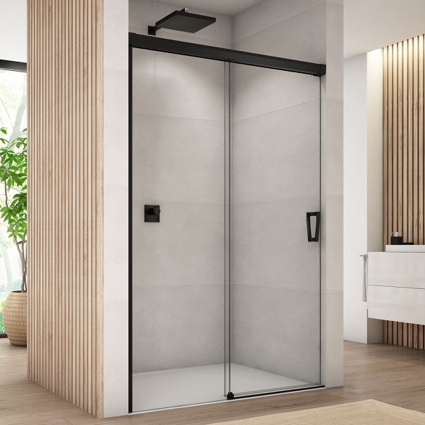 SANSWISS CADURA sprchové dvere 140 posuné s pevnou stenou vľavo, čierna matná, číre sklo s úpravou AquaPerle CAS2G1400607