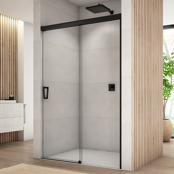 SANSWISS CADURA sprchové dvere 180 posuvné s pevnou stenou vpravo, čierna matná, číre sklo s úpravou AquaPerle CAS2D1800607
