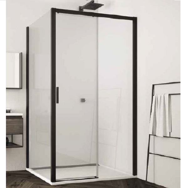 SANSWISS TOP-Line S sprchové posuvné dvere 100cm, pevný diel vpravo, matná čierna, číre sklo, TLS2D1000607