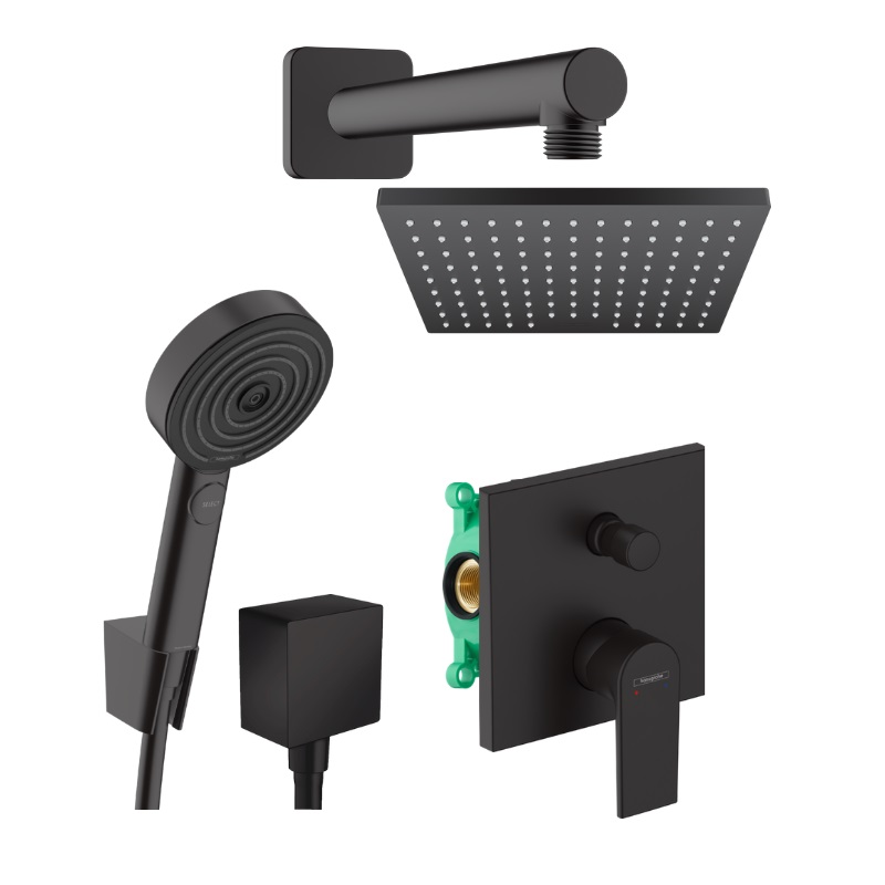 Hansgrohe VERNIS Shape sprchový systém s hlavovou a ručnou sprchou PULSIFY 3jet EcoSmart, matná čierna, 71468670SET1OSPR